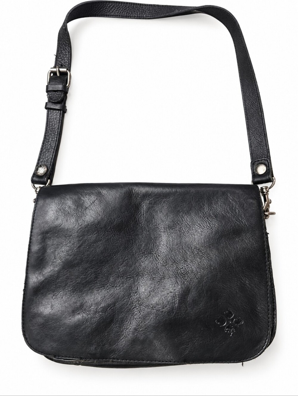 Patricia Nash Black Leather Crossbody Bag Adjustable Strap Silver Hardware